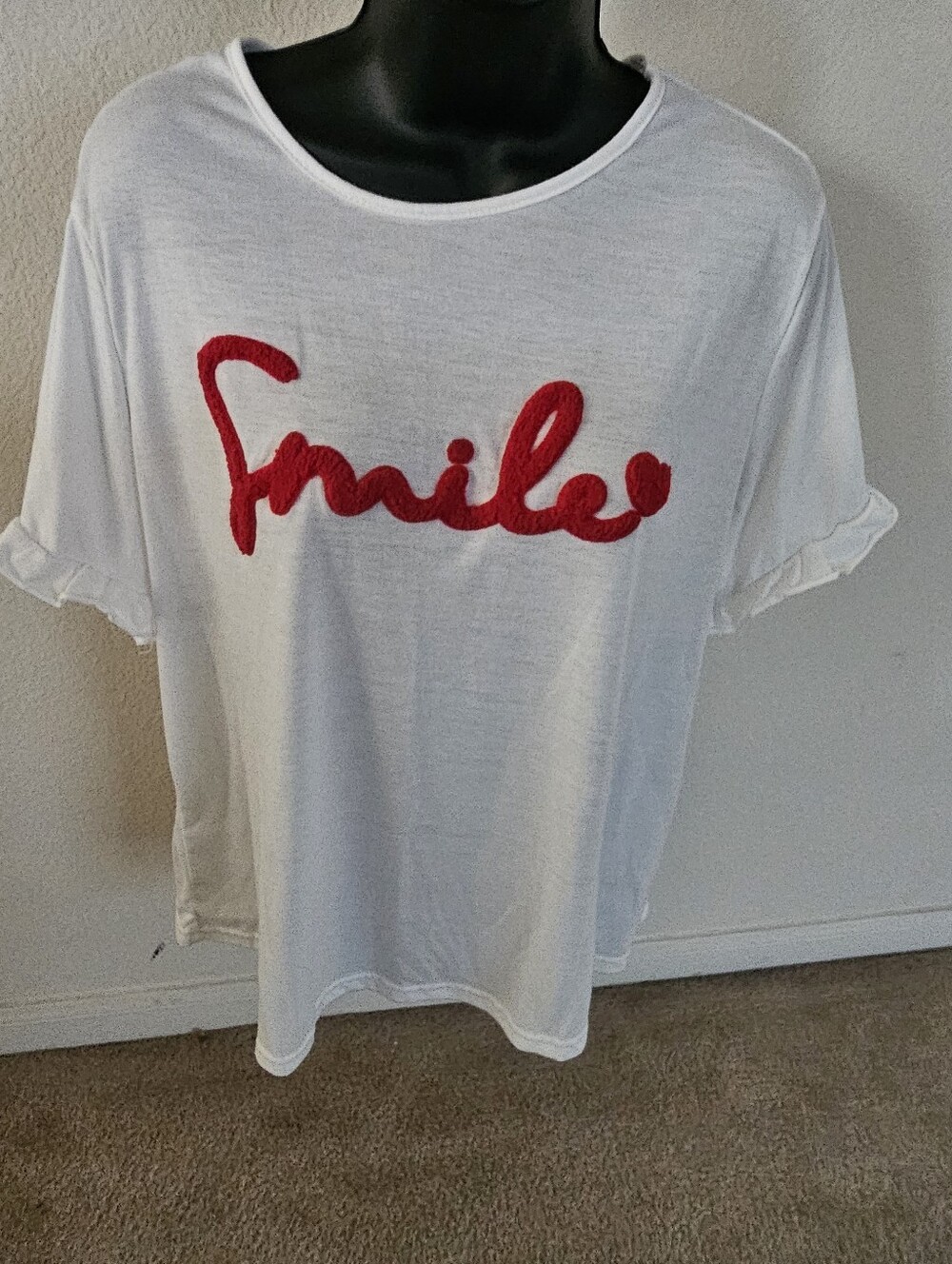 SHEIN White Short Sleeve Tee with Red 'Smile' Script